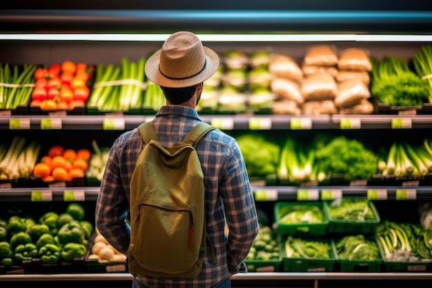 食料品店で生鮮食品や自然食品を選ぶ男性 AI 生成