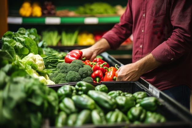 食料品店で生鮮食品や自然食品を選ぶ男性 AI 生成