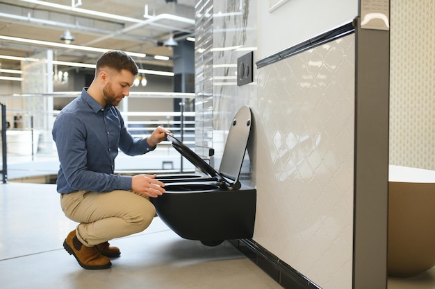 Photo man choosing home toilet in store