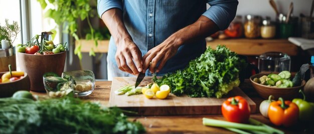 Photo a man chopping vegetables on a cutting board with a knife