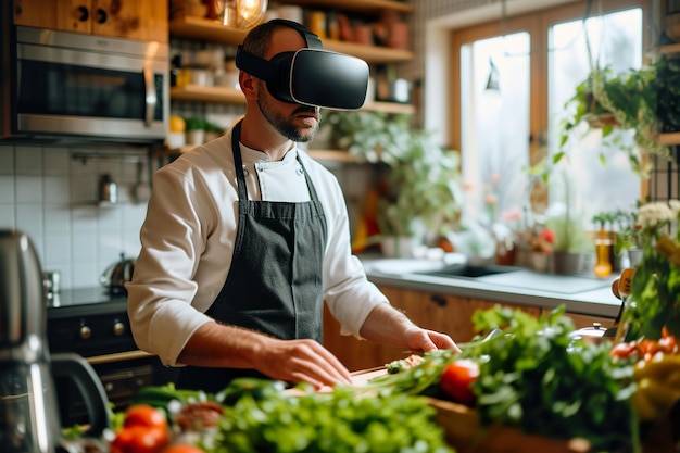 Photo man chopping vegetables with vr headset in modern kitchenxa