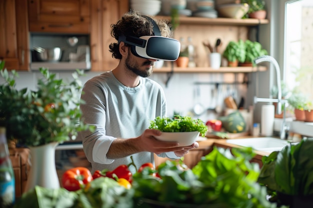 Man Chopping Vegetables with VR Headset in Modern KitchenxA