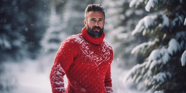 man in a Christmas knitted sweater on the snowy outside Generative AI