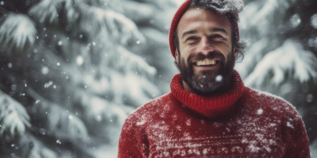 Photo man in a christmas knitted sweater on the snowy outside generative ai