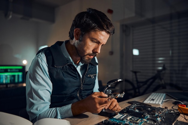 man circuit and it repair workshop in night for maintenance computer tech or industry with focus technician motherboard and information technology in dark with electronics engineering and tools