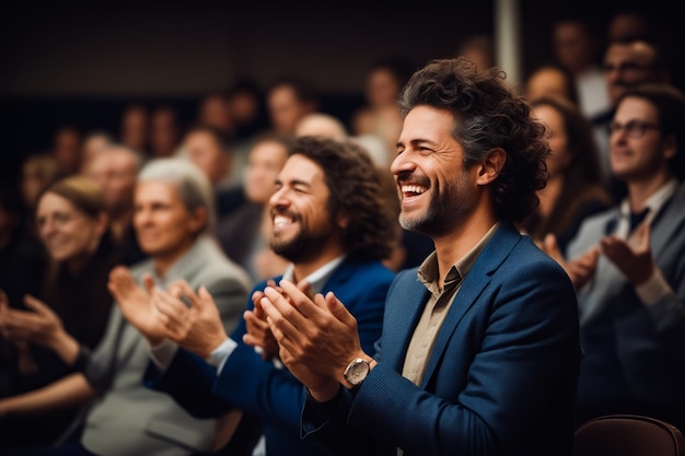 Photo man clapping while standing in front of crowd of people generative ai