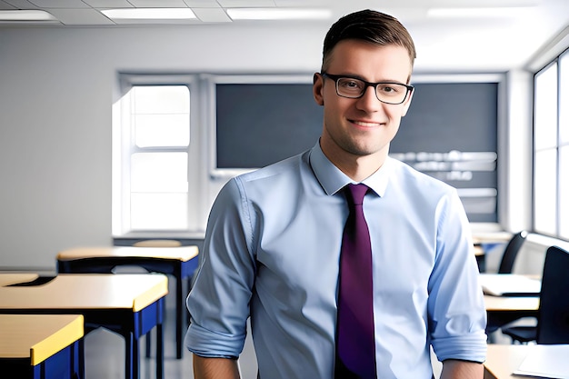 A man in a classroom wearing glasses and a shirt with the word's on it