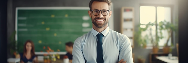 a man in a classroom with his arms crossed.