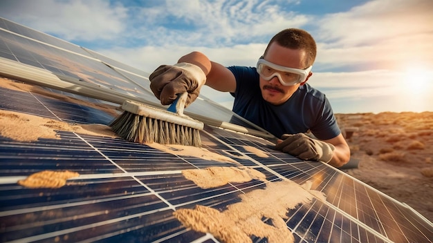 Man clean up the solar panels that are dirty with dust and birds droppings