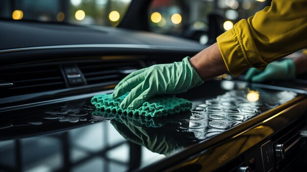 Photo a man cleaning car with microfiber cloth car detailing or valeting concept selective focus