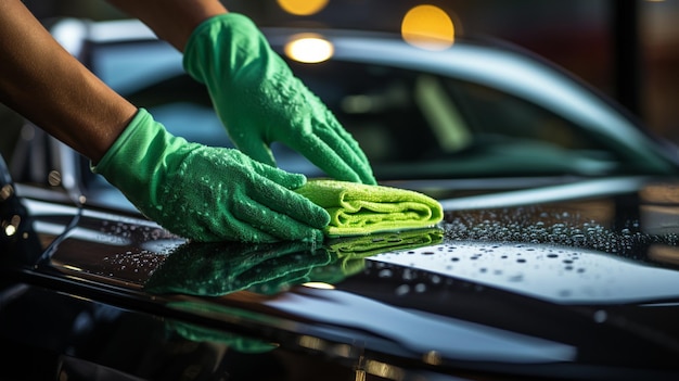 Photo a man cleaning car with microfiber cloth car detailing or valeting concept selective focus