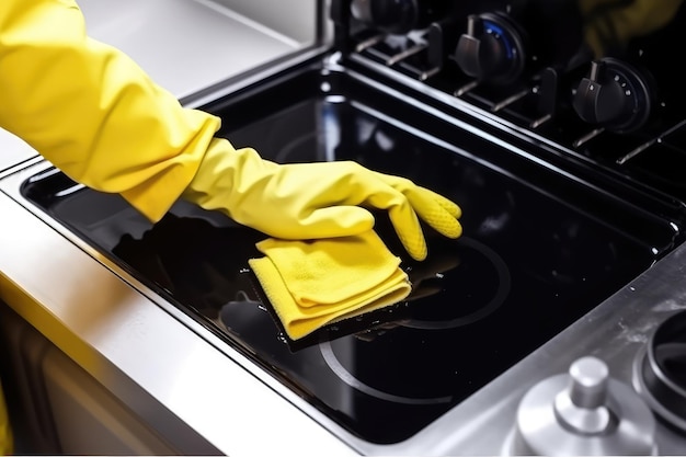 Man cleaning ceramic modern stove or hob AI