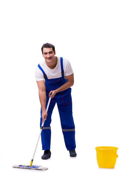 Man cleaning floor isolated on white