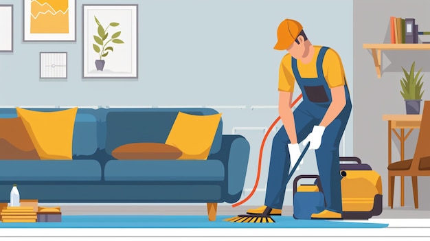 a man cleaning the floor with a broom
