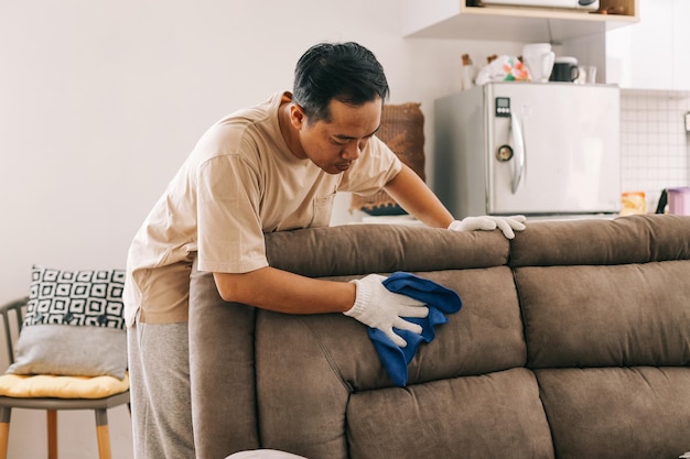 Man cleaning leather sofa at home with microfiber cloths