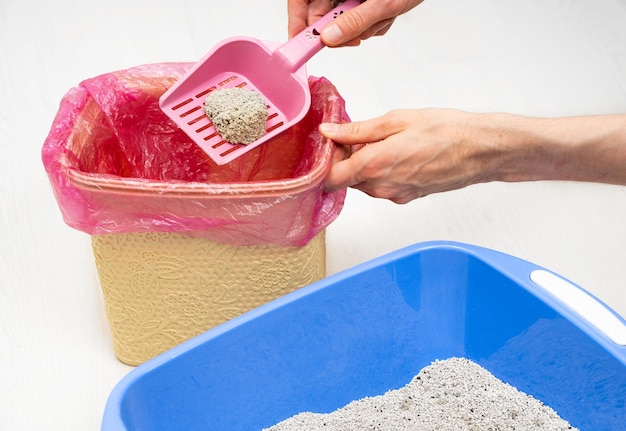 Photo man cleaning nonnatural mineral cat litter tray at home and throws out nonbiodegradable bentonite solid clumps in plastic garbage bag environmental damage nonecofriendly concept closeup