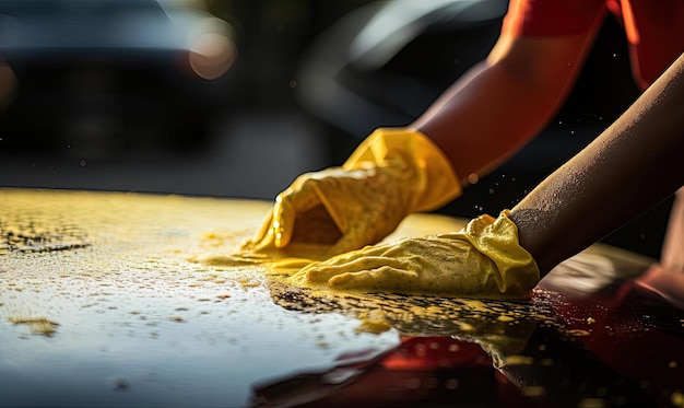 man cleaning the window of a car with yellow sponge