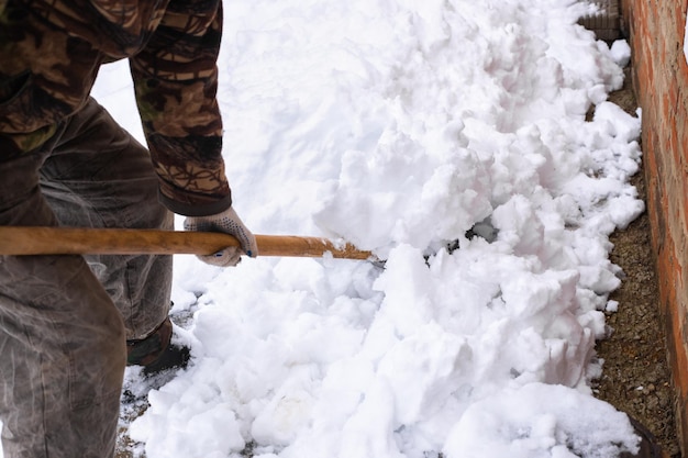 A man cleans the snow in the yard with a shovel Winter snowdrifts