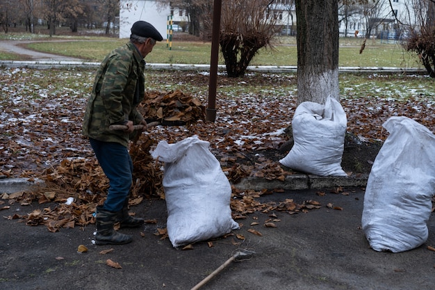 A man cleans and sweeps a yard