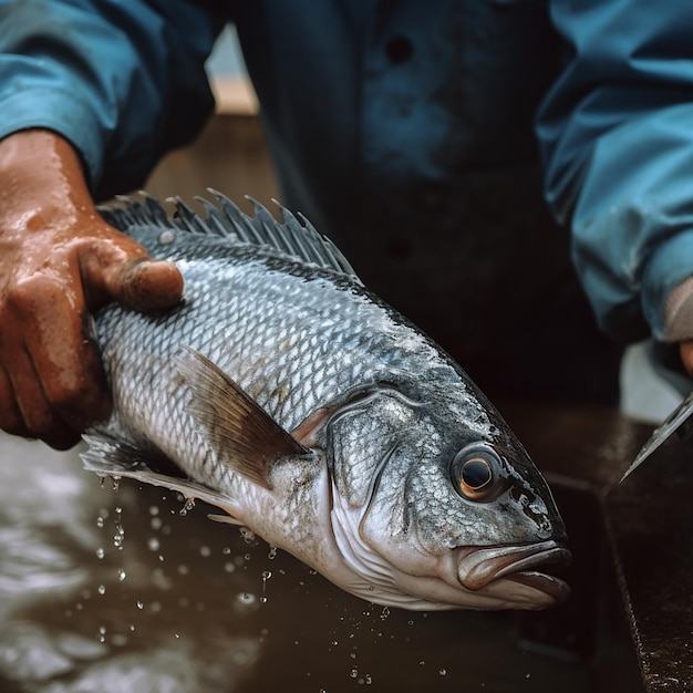 男は魚屋の売り手の魚を掃除して洗うクローズアップ