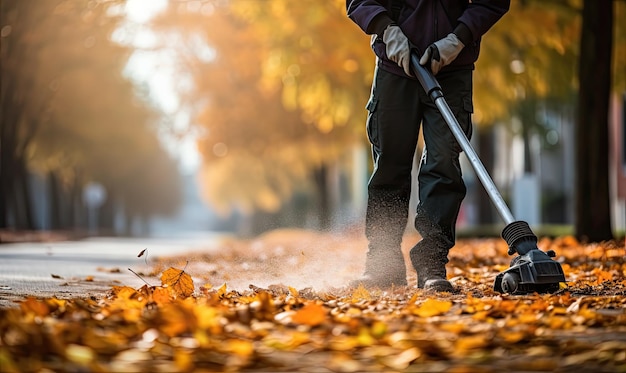 A Man Clearing Leaves with a Powerful Leaf Blower