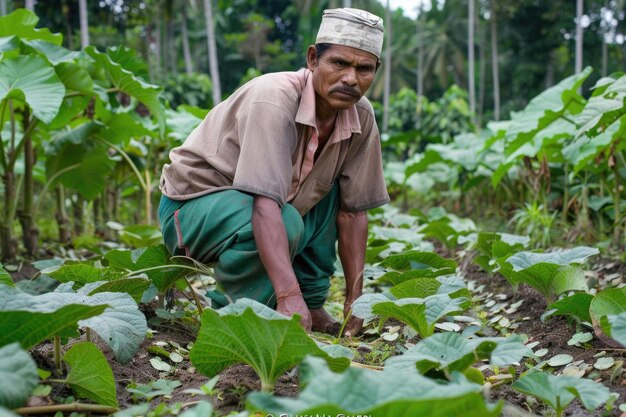 Photo man clearing weeds in papaya plantation in bangladesh