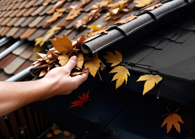 Photo a man clears dry autumn leaves from the roof of a house preventing gutter blockages