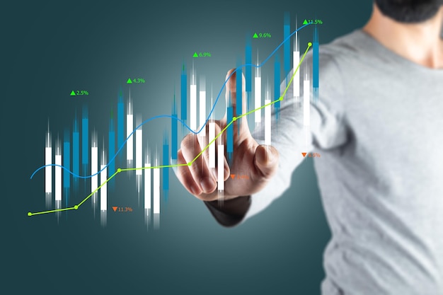 A man clicks on a candlestick chart