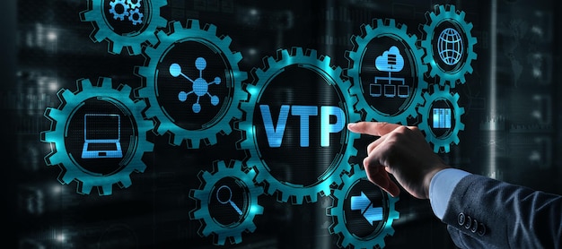 Photo the man clicks on the inscription vtp vlan trunking protocol virtual local area network