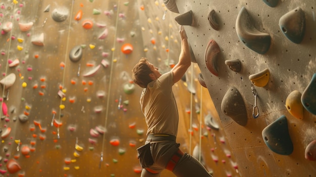 ボウルダリングジムで人工登山壁に登った男性