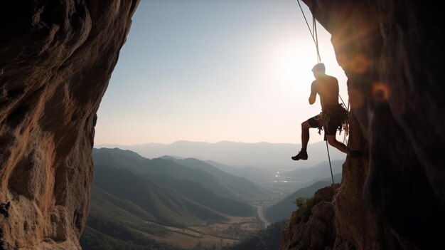 A man climbing a cliff with the sun setting behind him