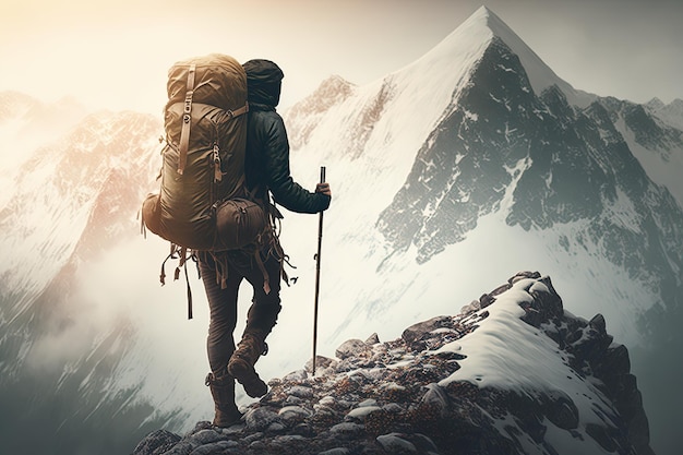 Man climbing down the mountain peak with his backpack and trekking poles in hand