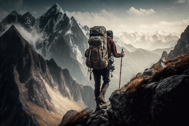 Man climbing down the mountain peak with his backpack and trekking poles in hand