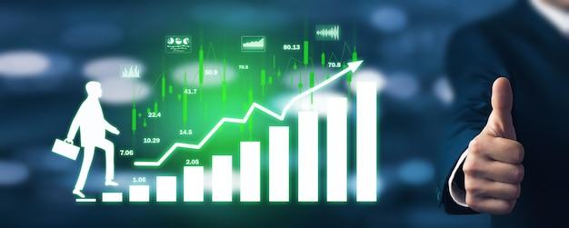 Man climbing graph and stock market statistics