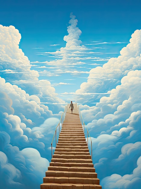 Photo man climbing huge stairs to a blue sky eternity motivation success