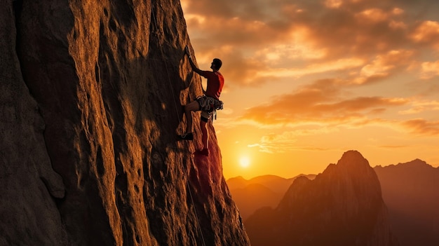 A man climbing a mountain with the sun setting behind him