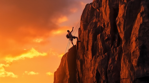 A man climbing a mountain with a sunset in the background