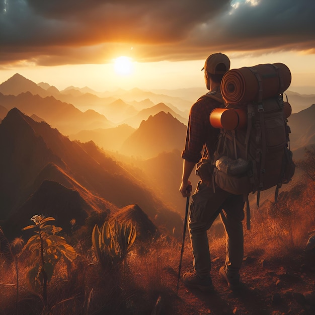 Photo a man climbing in the mountains with a backpack in a helmet looking at the river at sunset