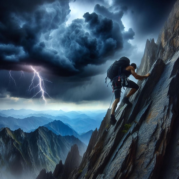 Man climbing on a rock in the mountains