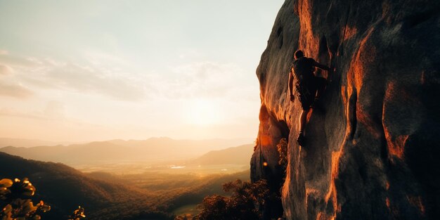 A man climbing a rock with the sun setting behind him