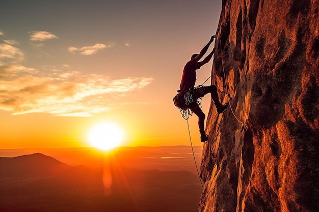 A man climbing a rock with the sun setting behind him