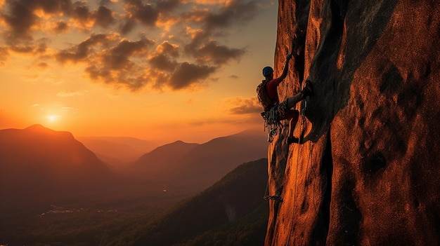 A man climbing a rock with the sun setting behind him