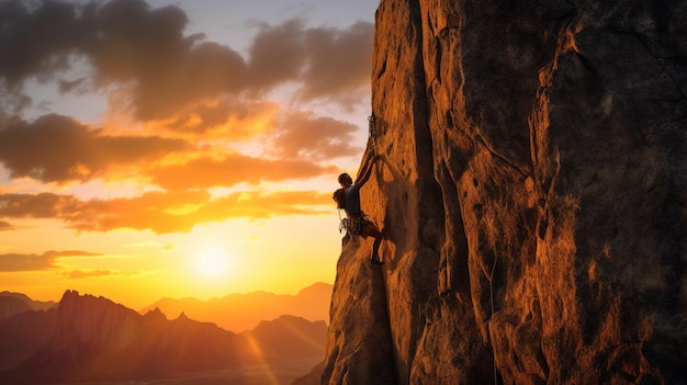 A man climbing a rock with the sun setting behind him