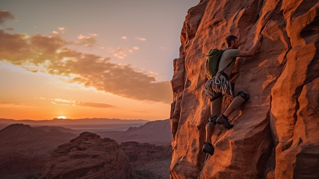 A man climbing a rock with the sun setting behind him