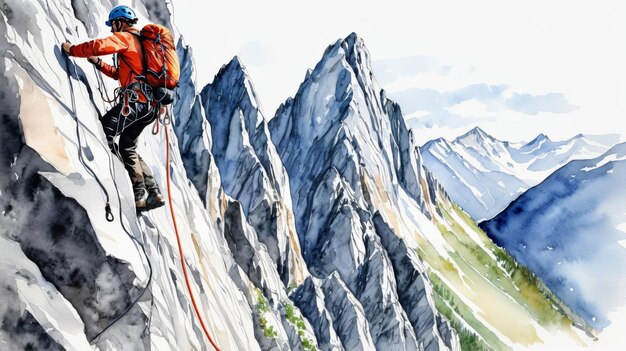 Foto un uomo che si arrampica sul fianco di una montagna