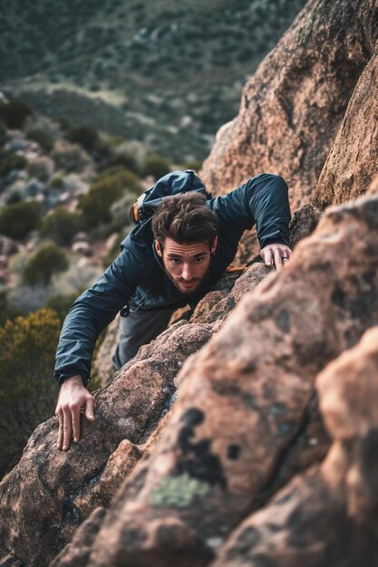 Photo a man climbing up the side of a mountain