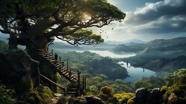 A man climbing up to a tree on top of a small island