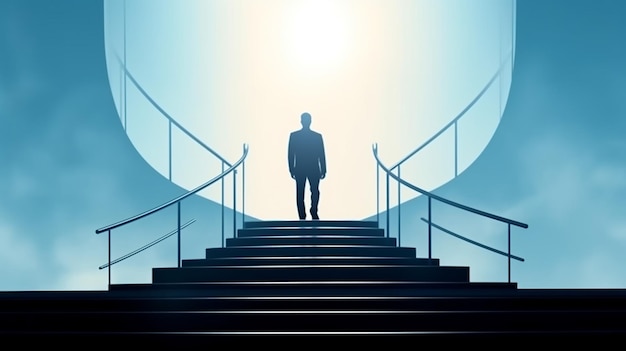 Man climbs the stairs to success