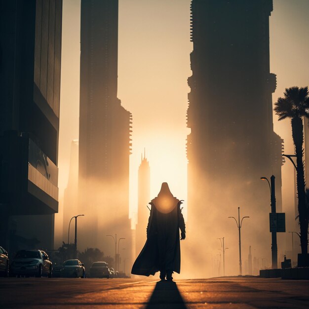 A man in a cloak is walking in the middle of a city with a foggy background.