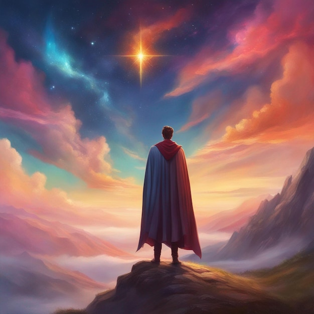 A Man In a Cloak Stands On a Mountain With a Star And a Colorful Cloud In The Sky wallpaper